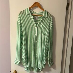 Rails Green and White Striped Linen Blend Shirt